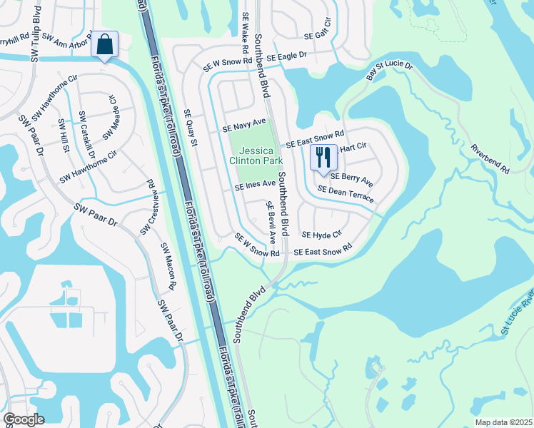 map of restaurants, bars, coffee shops, grocery stores, and more near 3410 Southeast Bevil Avenue in Port St. Lucie