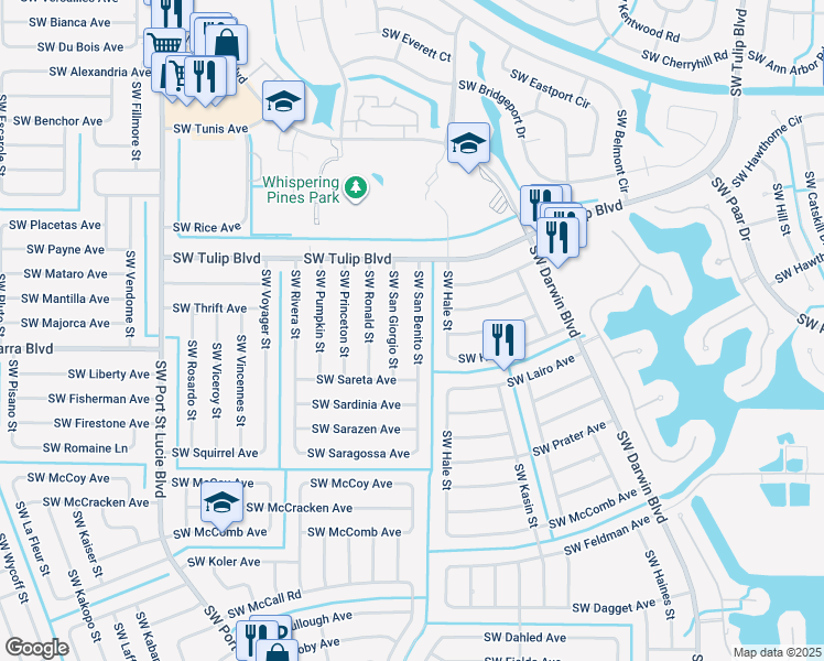 map of restaurants, bars, coffee shops, grocery stores, and more near 3514 Southwest San Benito Street in Port St. Lucie