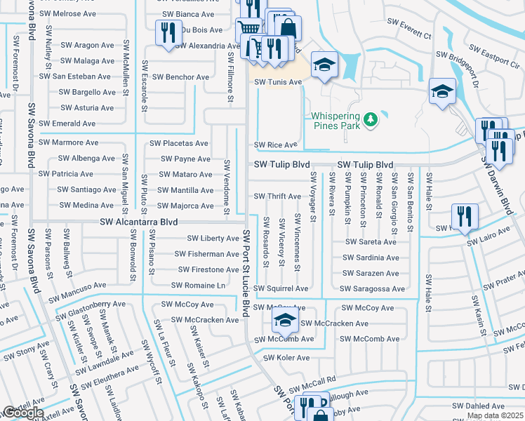 map of restaurants, bars, coffee shops, grocery stores, and more near 3518 Southwest Rosardo Street in Port St. Lucie