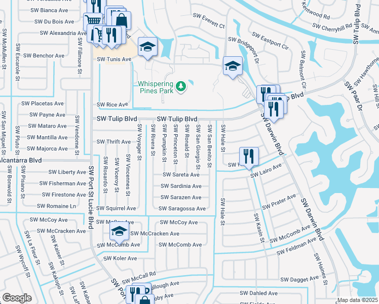 map of restaurants, bars, coffee shops, grocery stores, and more near 3513 Southwest Ronald Street in Port St. Lucie