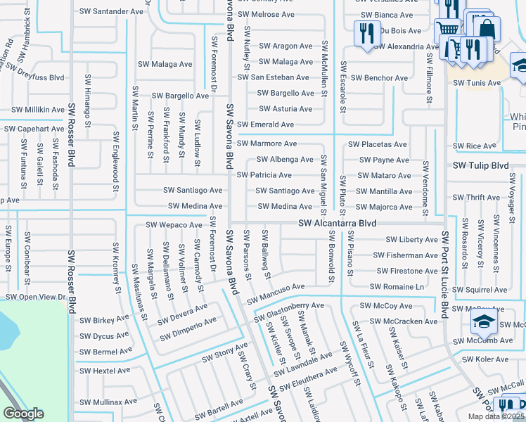 map of restaurants, bars, coffee shops, grocery stores, and more near 1258 Southwest Medina Avenue in Port St. Lucie