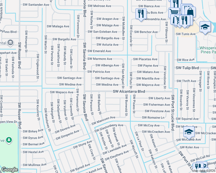 map of restaurants, bars, coffee shops, grocery stores, and more near 1234 Southwest Medina Avenue in Port St. Lucie