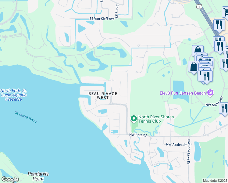 map of restaurants, bars, coffee shops, grocery stores, and more near 2485 North West Everglades Boulevard in Stuart
