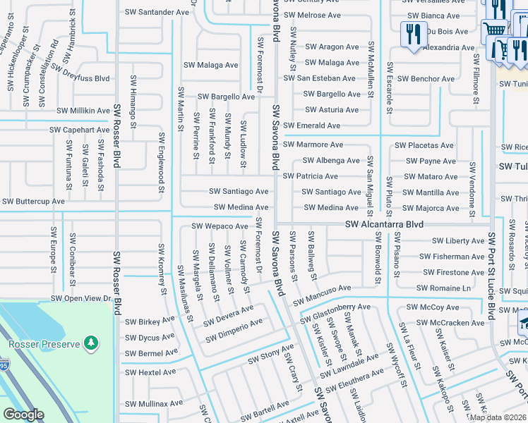 map of restaurants, bars, coffee shops, grocery stores, and more near 3513 Southwest Foremost Drive in Port St. Lucie