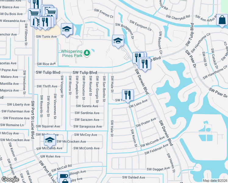 map of restaurants, bars, coffee shops, grocery stores, and more near 3529 Southwest Hale Street in Port St. Lucie