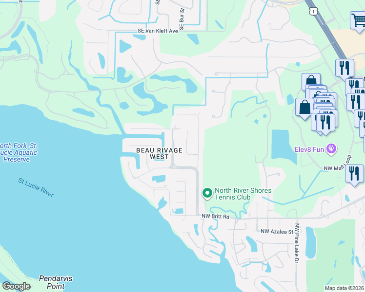 map of restaurants, bars, coffee shops, grocery stores, and more near 2485 North West Everglades Boulevard in Stuart