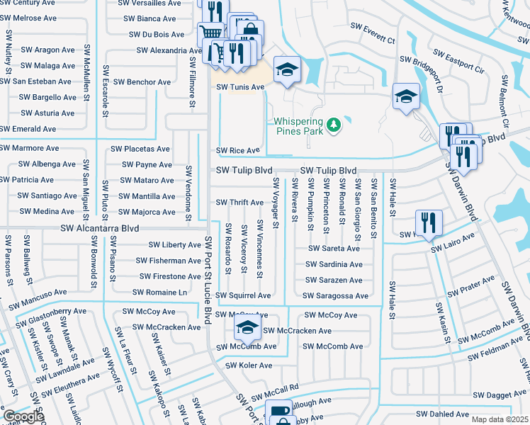 map of restaurants, bars, coffee shops, grocery stores, and more near 3510 Southwest Voyager Street in Port St. Lucie