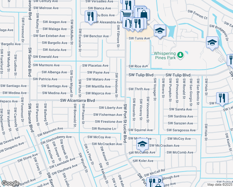 map of restaurants, bars, coffee shops, grocery stores, and more near 3480 Southwest Vendome Street in Port Saint Lucie