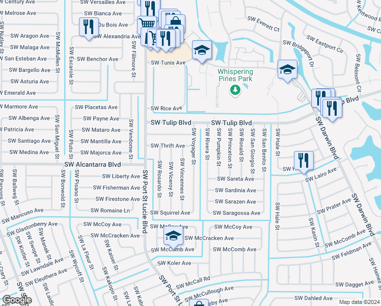 map of restaurants, bars, coffee shops, grocery stores, and more near 3510 Southwest Voyager Street in Port St. Lucie