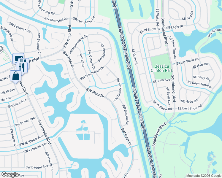 map of restaurants, bars, coffee shops, grocery stores, and more near 111 Southwest Lion Lane in Port St. Lucie