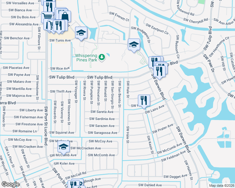 map of restaurants, bars, coffee shops, grocery stores, and more near 3498 Southwest San Benito Street in Port St. Lucie