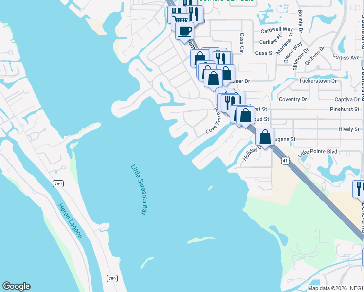 map of restaurants, bars, coffee shops, grocery stores, and more near 7697 Cove Terrace in Sarasota
