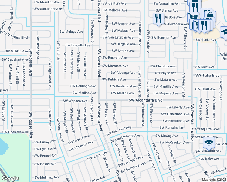 map of restaurants, bars, coffee shops, grocery stores, and more near 1258 Southwest Medina Avenue in Port St. Lucie