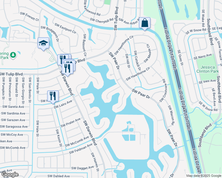 map of restaurants, bars, coffee shops, grocery stores, and more near 215 Southwest Whitewood Drive in Port St. Lucie