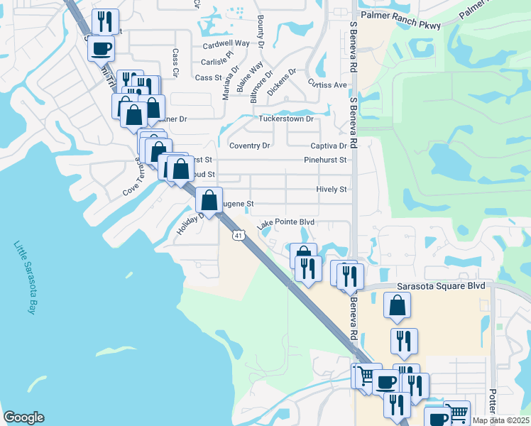 map of restaurants, bars, coffee shops, grocery stores, and more near 2233 Benson Street in Sarasota