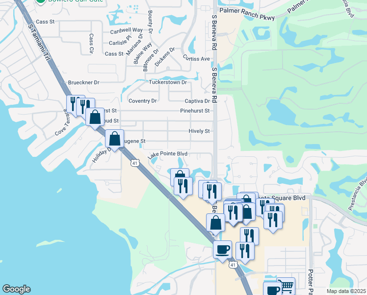 map of restaurants, bars, coffee shops, grocery stores, and more near 2347 Benson Street in Sarasota