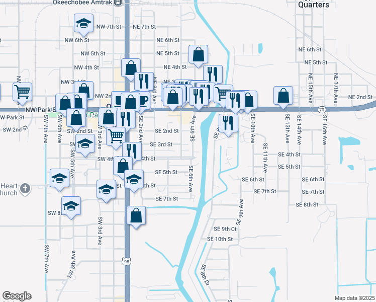 map of restaurants, bars, coffee shops, grocery stores, and more near 424 Southwest 4th Street in Okeechobee