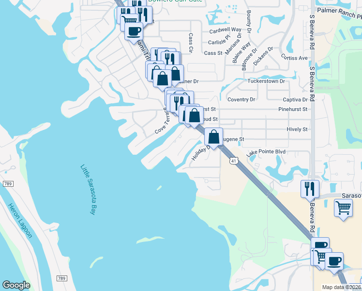 map of restaurants, bars, coffee shops, grocery stores, and more near 7785 Holiday Drive North in Sarasota