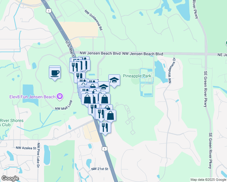 map of restaurants, bars, coffee shops, grocery stores, and more near 2875 Northwest Goldenrod Road in Jensen Beach