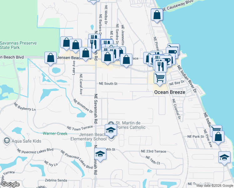 map of restaurants, bars, coffee shops, grocery stores, and more near 1420 Northeast 29th Terrace in Jensen Beach