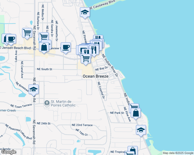 map of restaurants, bars, coffee shops, grocery stores, and more near 1 Northeast Coastal Drive in Ocean Breeze