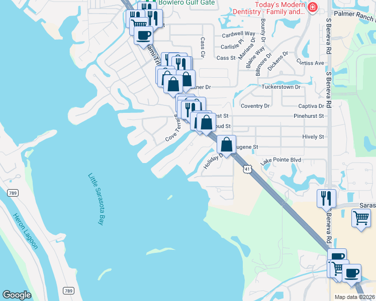 map of restaurants, bars, coffee shops, grocery stores, and more near 1884 Southpointe Drive in Sarasota