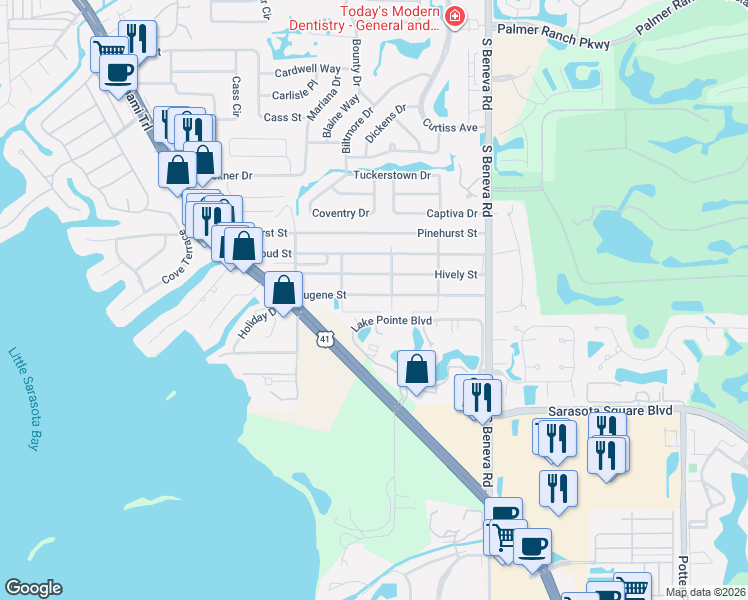 map of restaurants, bars, coffee shops, grocery stores, and more near 2232 Hively Street in Sarasota