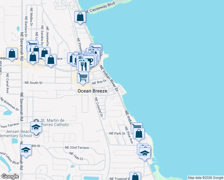 map of restaurants, bars, coffee shops, grocery stores, and more near 39 Circle Drive in Ocean Breeze
