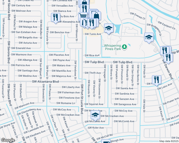 map of restaurants, bars, coffee shops, grocery stores, and more near 861 Southwest Thrift Avenue in Port St. Lucie