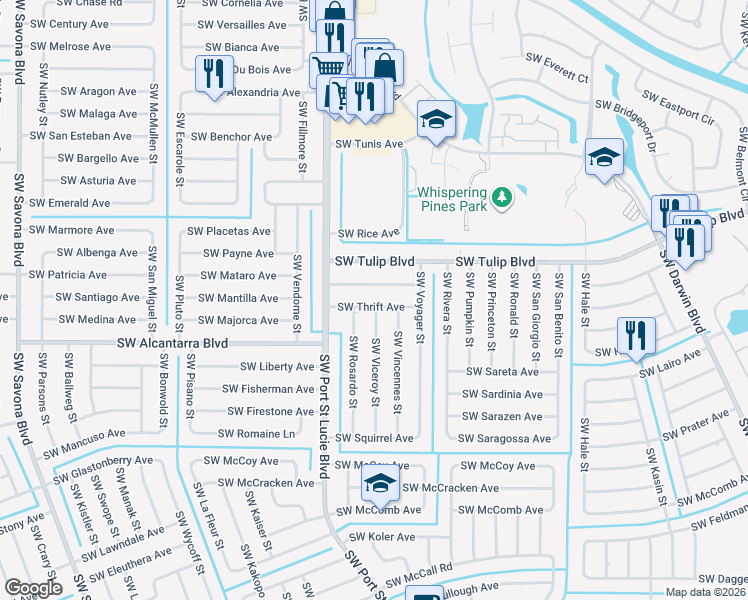 map of restaurants, bars, coffee shops, grocery stores, and more near 838 Southwest Trouville Avenue in Port St. Lucie