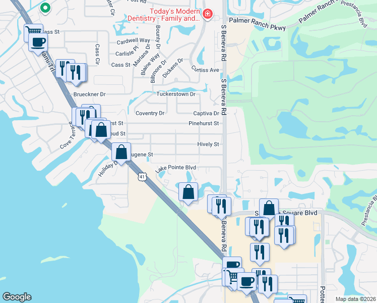 map of restaurants, bars, coffee shops, grocery stores, and more near 2388 Hively Street in Sarasota