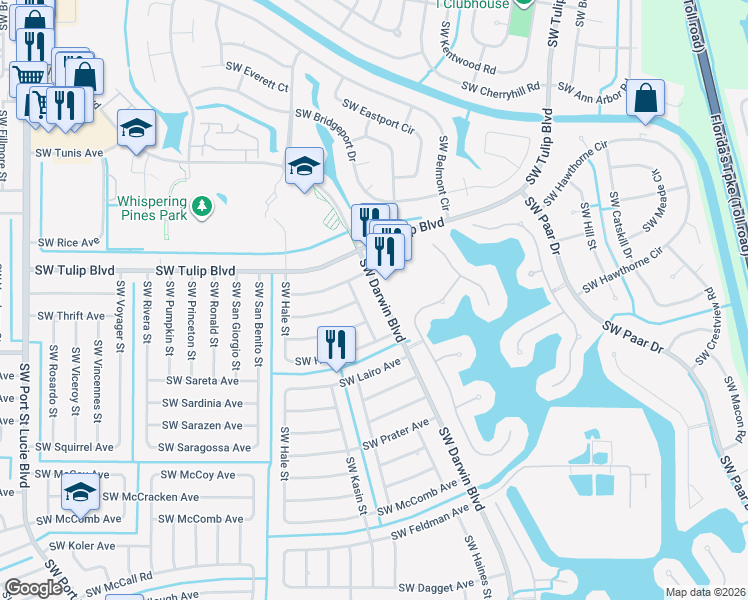 map of restaurants, bars, coffee shops, grocery stores, and more near 3450 Southwest Darwin Boulevard in Port St. Lucie