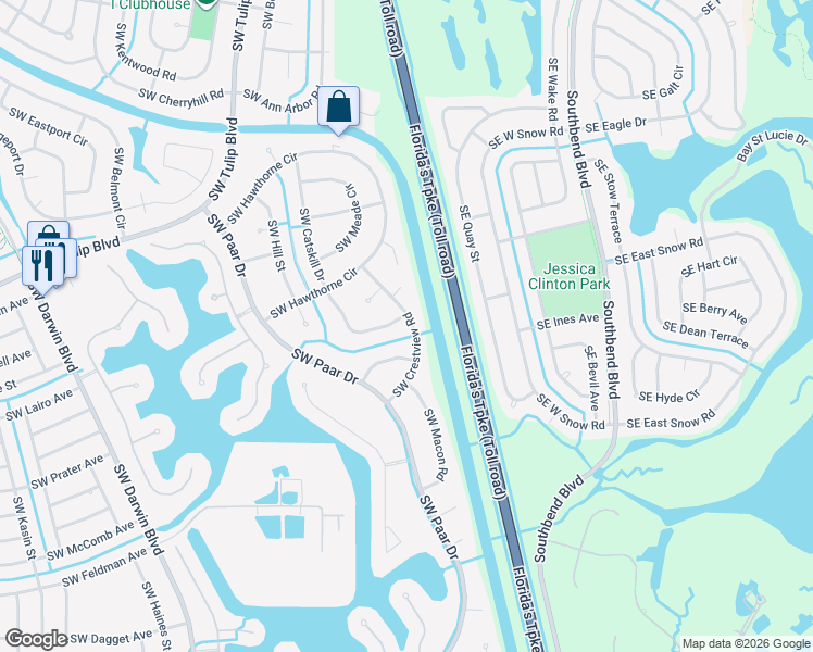 map of restaurants, bars, coffee shops, grocery stores, and more near 3402 Southwest Catskill Drive in Port St. Lucie