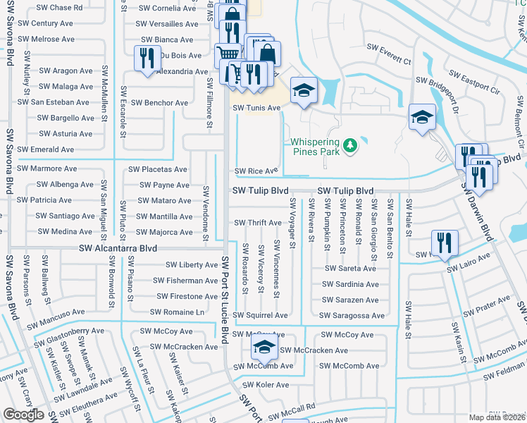 map of restaurants, bars, coffee shops, grocery stores, and more near 838 Southwest Trouville Avenue in Port St. Lucie