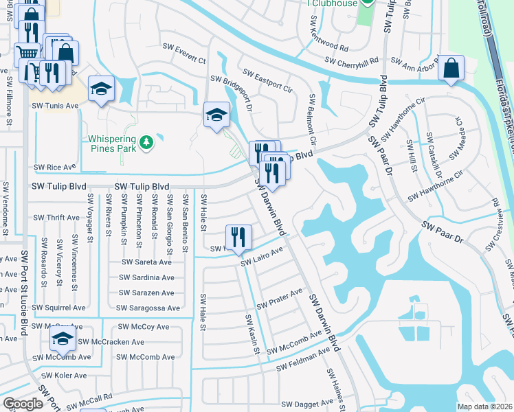 map of restaurants, bars, coffee shops, grocery stores, and more near 3431 Southwest Haines Street in Port St. Lucie