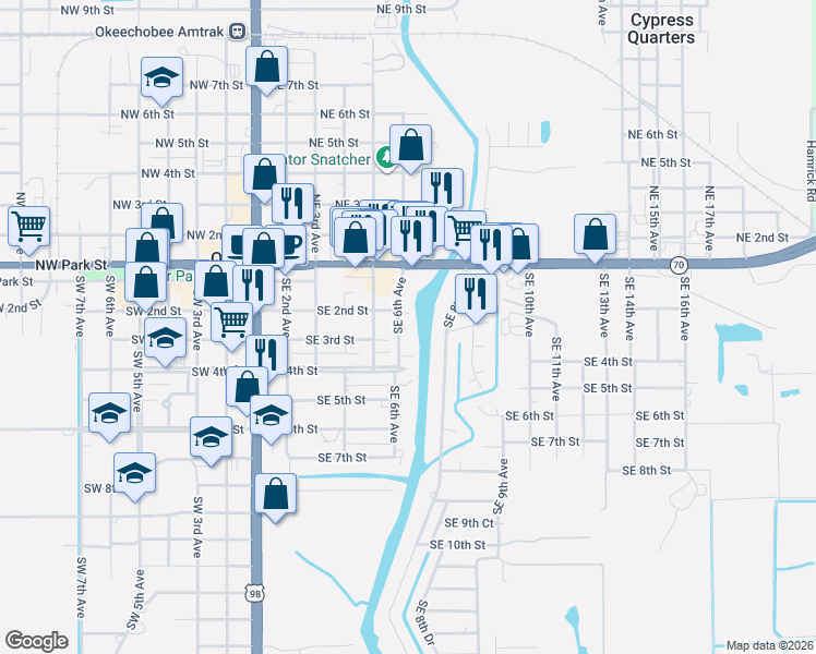 map of restaurants, bars, coffee shops, grocery stores, and more near 208 Southeast 6th Avenue in Okeechobee