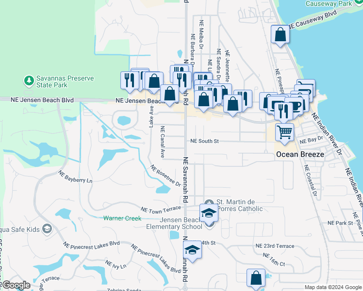 map of restaurants, bars, coffee shops, grocery stores, and more near 3022 Northeast Savannah Road in Jensen Beach