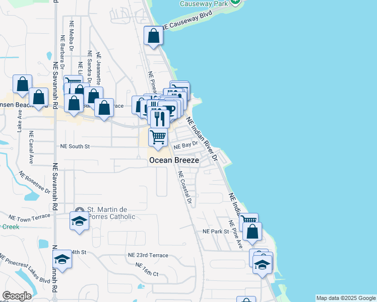 map of restaurants, bars, coffee shops, grocery stores, and more near 111 Northeast Bay Drive in Ocean Breeze