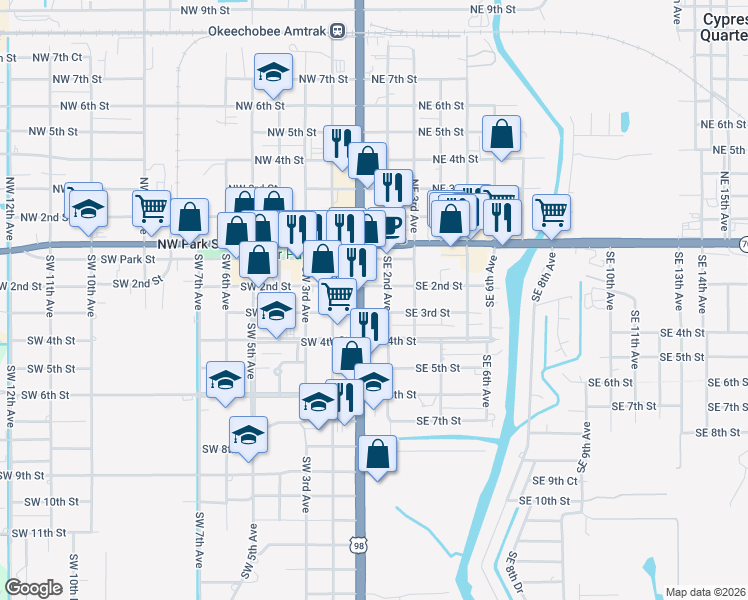 map of restaurants, bars, coffee shops, grocery stores, and more near 203 South Parrott Avenue in Okeechobee