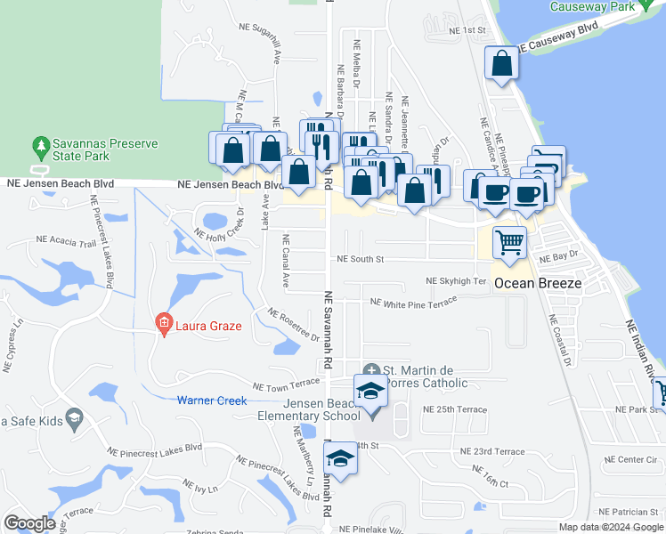 map of restaurants, bars, coffee shops, grocery stores, and more near 3022 Northeast Savannah Road in Jensen Beach
