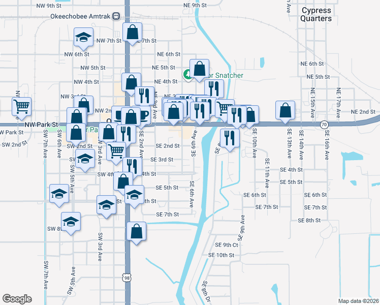 map of restaurants, bars, coffee shops, grocery stores, and more near 208 Southeast 6th Avenue in Okeechobee