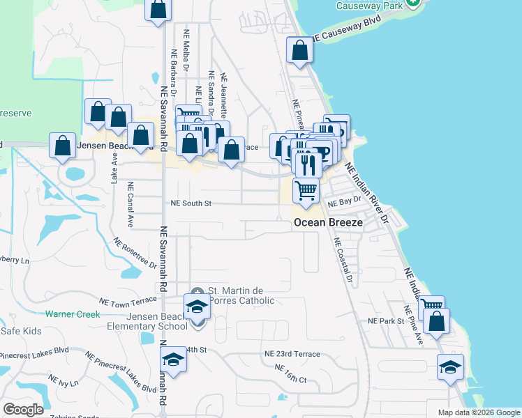 map of restaurants, bars, coffee shops, grocery stores, and more near 1642 Northeast South Street in Jensen Beach
