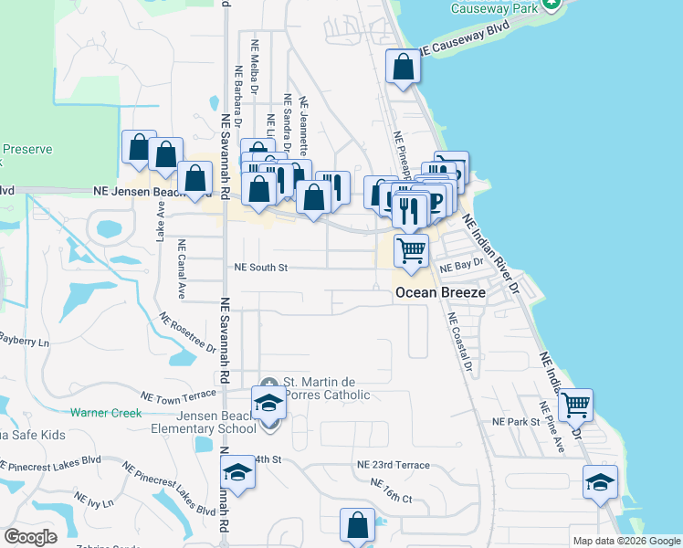 map of restaurants, bars, coffee shops, grocery stores, and more near 1642 Northeast South Street in Jensen Beach