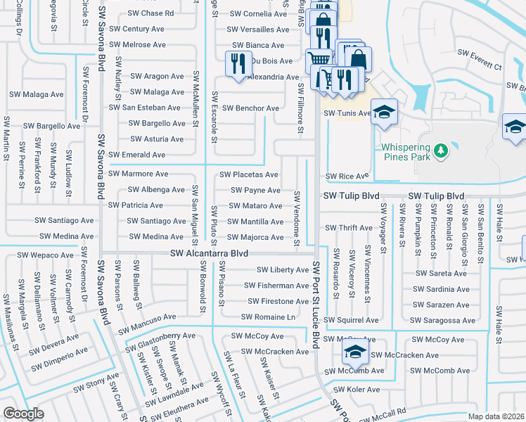 map of restaurants, bars, coffee shops, grocery stores, and more near 1037 Southwest Mantilla Avenue in Port St. Lucie