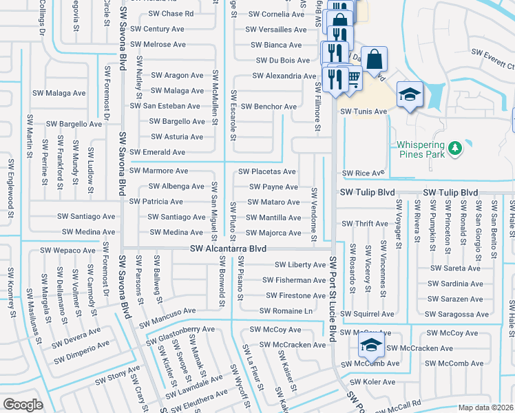 map of restaurants, bars, coffee shops, grocery stores, and more near 1073 Southwest Mantilla Avenue in Port St. Lucie