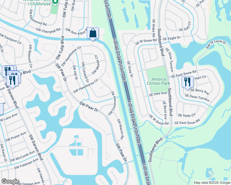 map of restaurants, bars, coffee shops, grocery stores, and more near 3402 Southwest Catskill Drive in Port St. Lucie