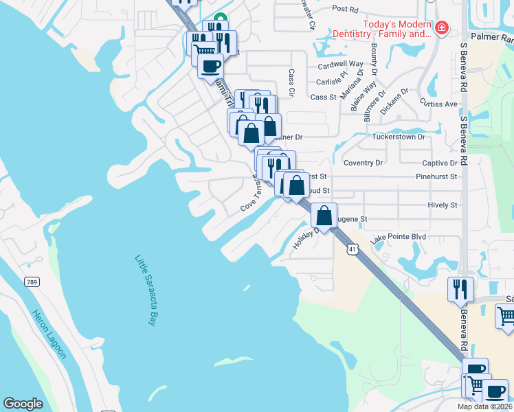 map of restaurants, bars, coffee shops, grocery stores, and more near 7637 Cove Terrace in Sarasota