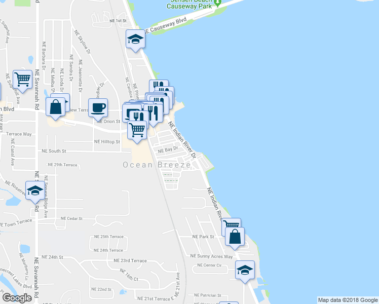 map of restaurants, bars, coffee shops, grocery stores, and more near 29 Northeast Indian River Drive in Ocean Breeze Park