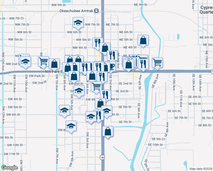 map of restaurants, bars, coffee shops, grocery stores, and more near 203 South Parrott Avenue in Okeechobee