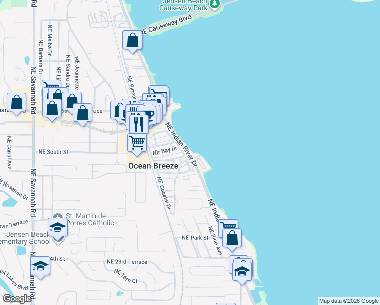 map of restaurants, bars, coffee shops, grocery stores, and more near 39 Circle Drive in Ocean Breeze
